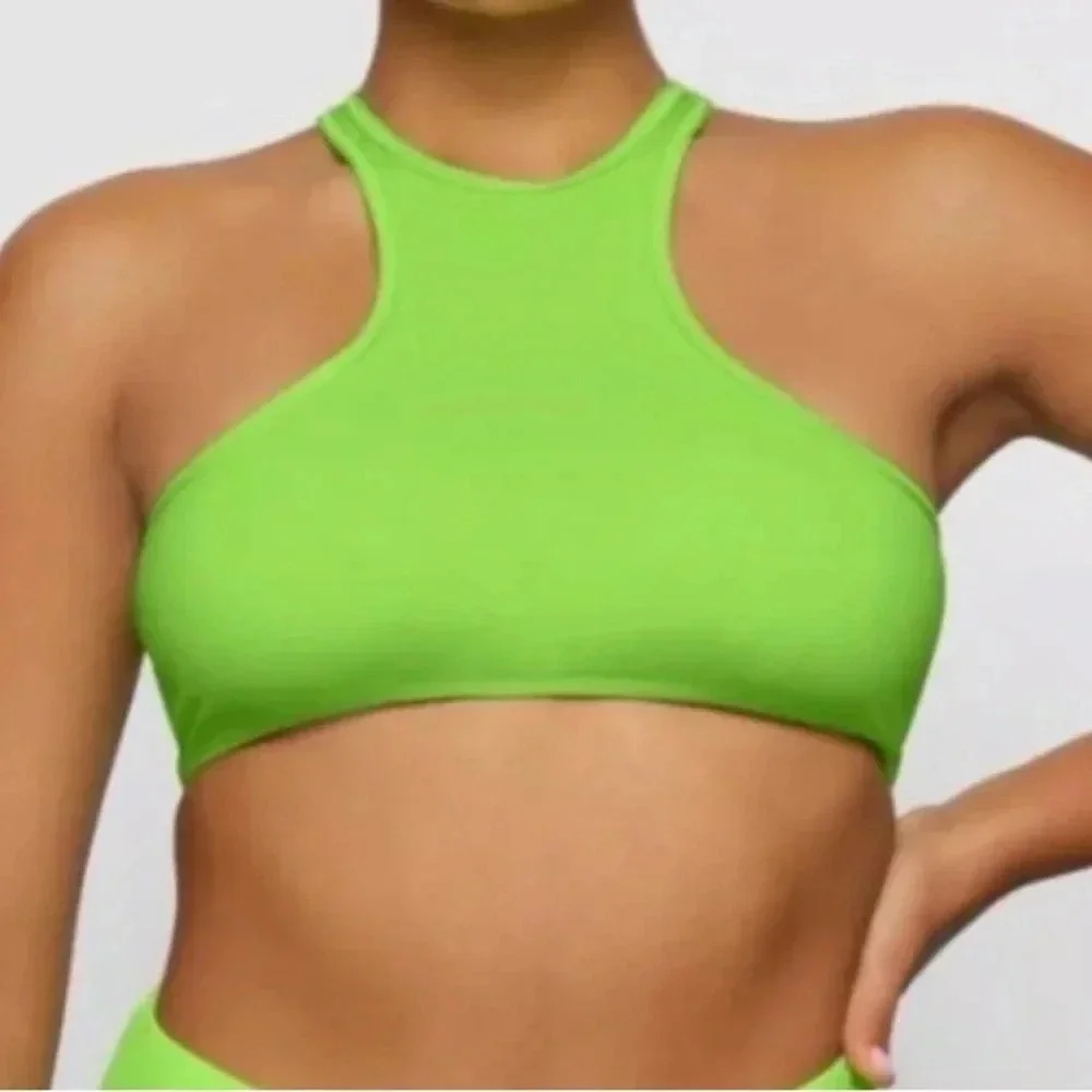 SKIMS 3 piece swim set Skirt Racerback top long sleeve top Neon Green Size 4X